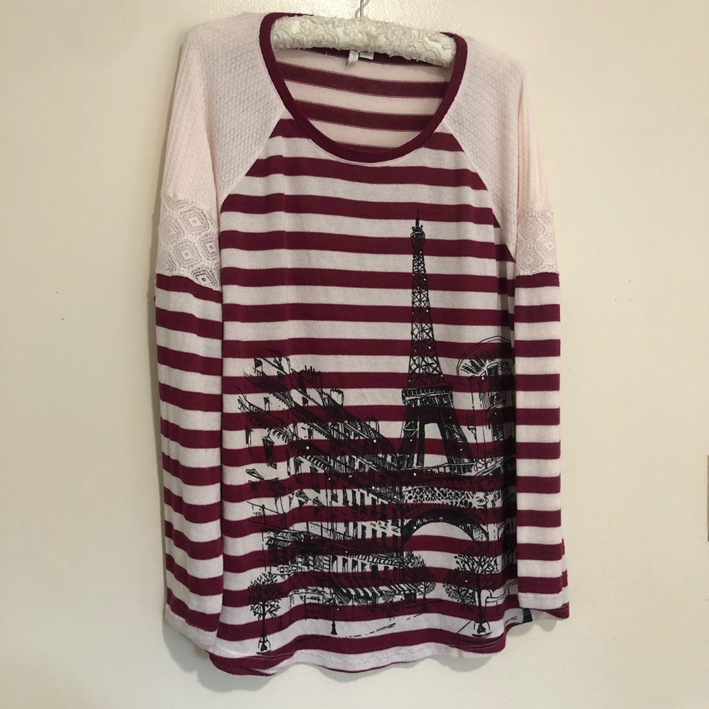 Striped Sweater Paris Theme Graphic Eiffel Tower Size  18/20 W sleeve lace.